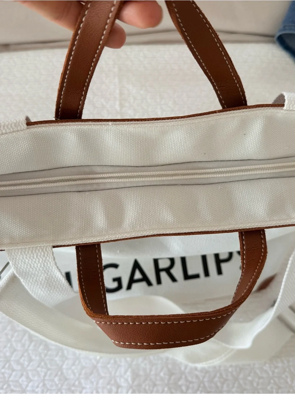 Sugarlips White Canvas Tote with Brown Trim and Black Logo